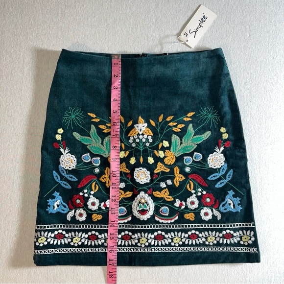Embroidered Floral Teal Corduroy Mini Skirt by Simplee, Size Small/Medium - Picture 3 of 7